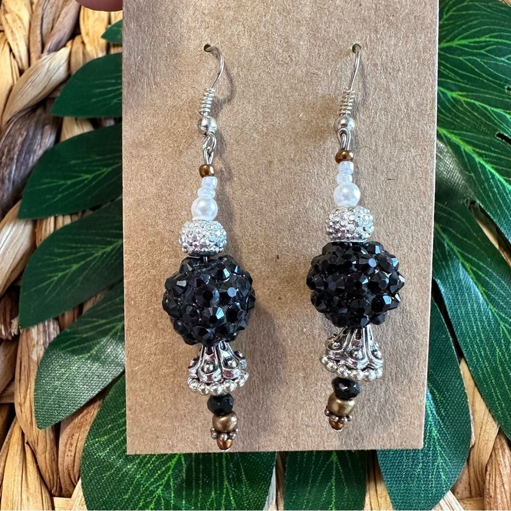 BOGO FREE SPIKEY BLACK BEADED SILVER EARRINGS EDGY EARRINGS